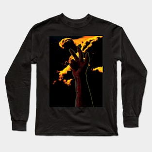 Digital collage and special processing. Hand near clouds. Holy trinity hand gesture. Yellow and orange clouds. Red hand. Long Sleeve T-Shirt